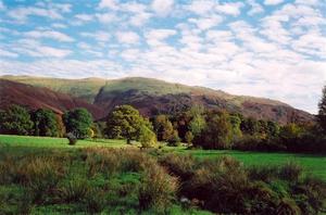 Green field with stream with woods at the bottom of green and brown barren hill, cloudy blue sky