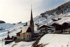 St. Antönien church and hotels, snow