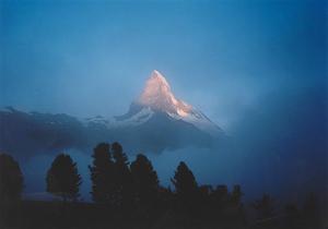 Blue photo with pink light on Matterhorn