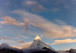 Matterhorn with lighted top, blue sky