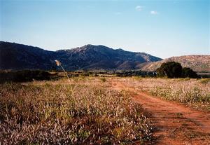 Dry flat landscape with hills in Rishi Valley