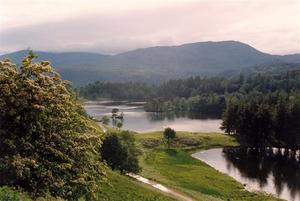 Light and grey clouds over lake, forest and path