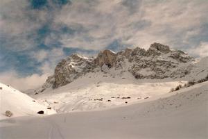 Snow covered valley towards Partnun