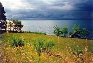 Incredible colors, stormy sky, pier and green trees over turquoise lake, orange field