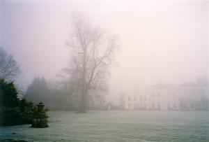 School obscured by dense mist